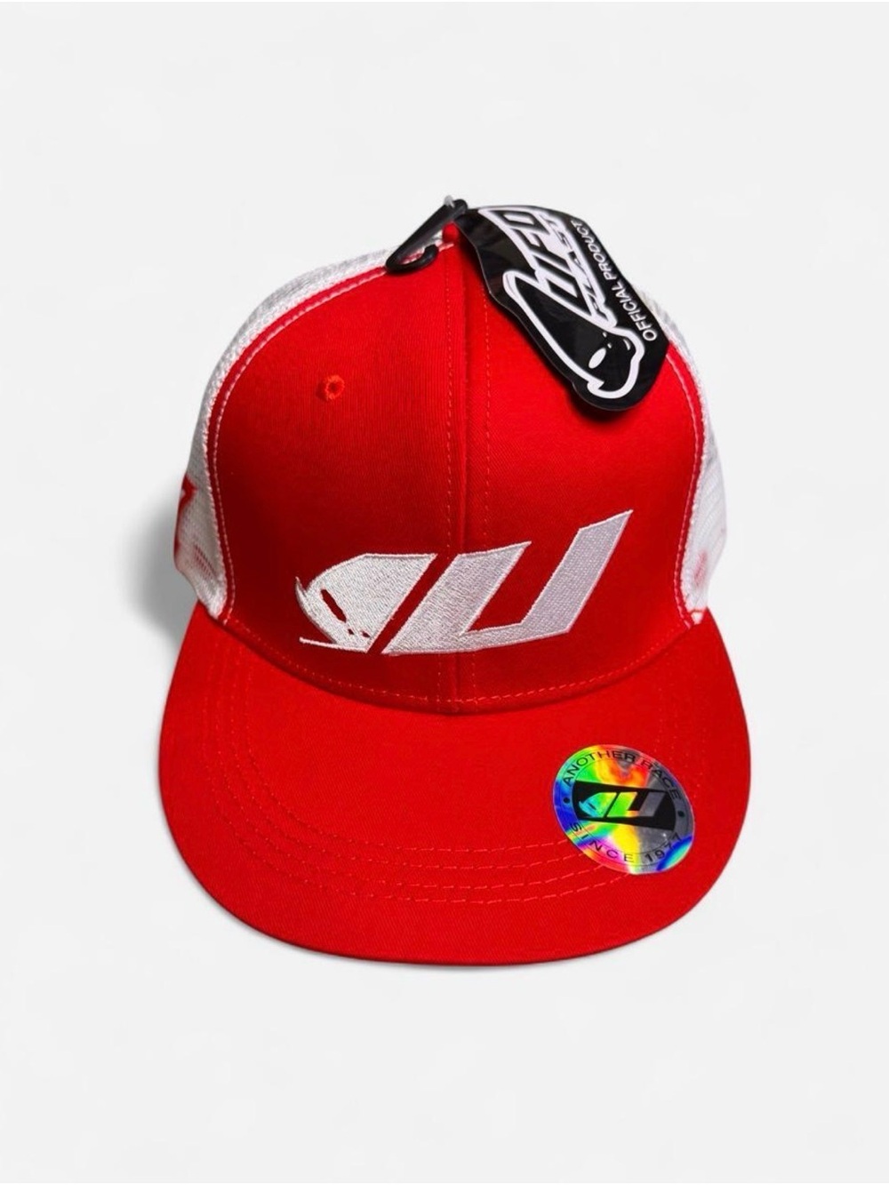Red Trucker Snapback Hat with White Logo - men’s
